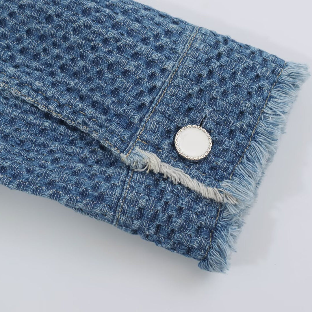 Damen strukturierte Kurzjacke aus Bouclé-Denim mit Fransensaum Shop Nory