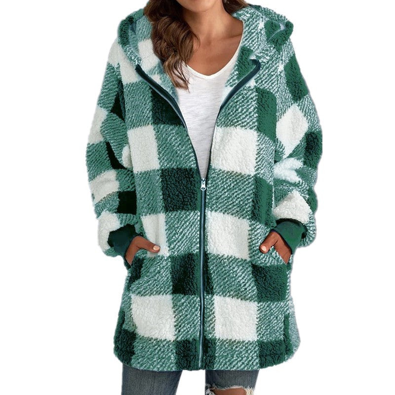 Damen Kariertes Teddy-Fleece-Mantel mit Kapuze und Reißverschluss Shop Nory