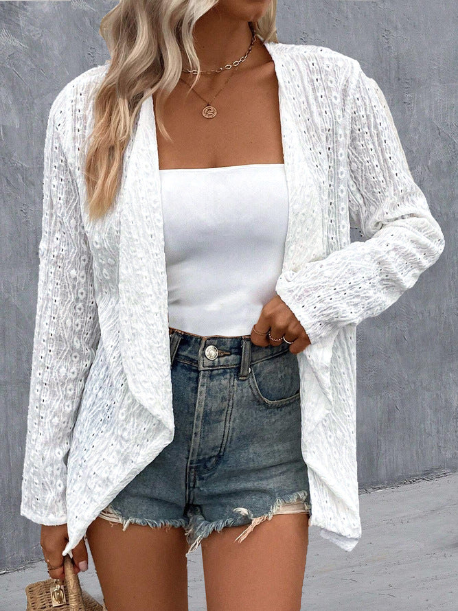Damen luftiger Strick-Cardigan mit dekorativem Lochmuster Shopnory