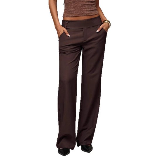 Damen Hochtaillierte gerade geschnittene Stoffhose mit weitem Bein und Zierknopfleiste Shop Nory