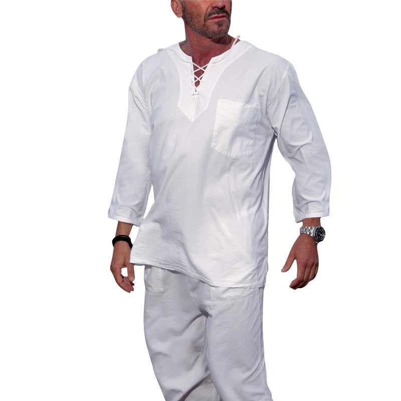 Herren Leichtes Baumwoll‑Leinen Freizeitset mit Schnürkragen und 3/4‑Ärmeln Shop Nory