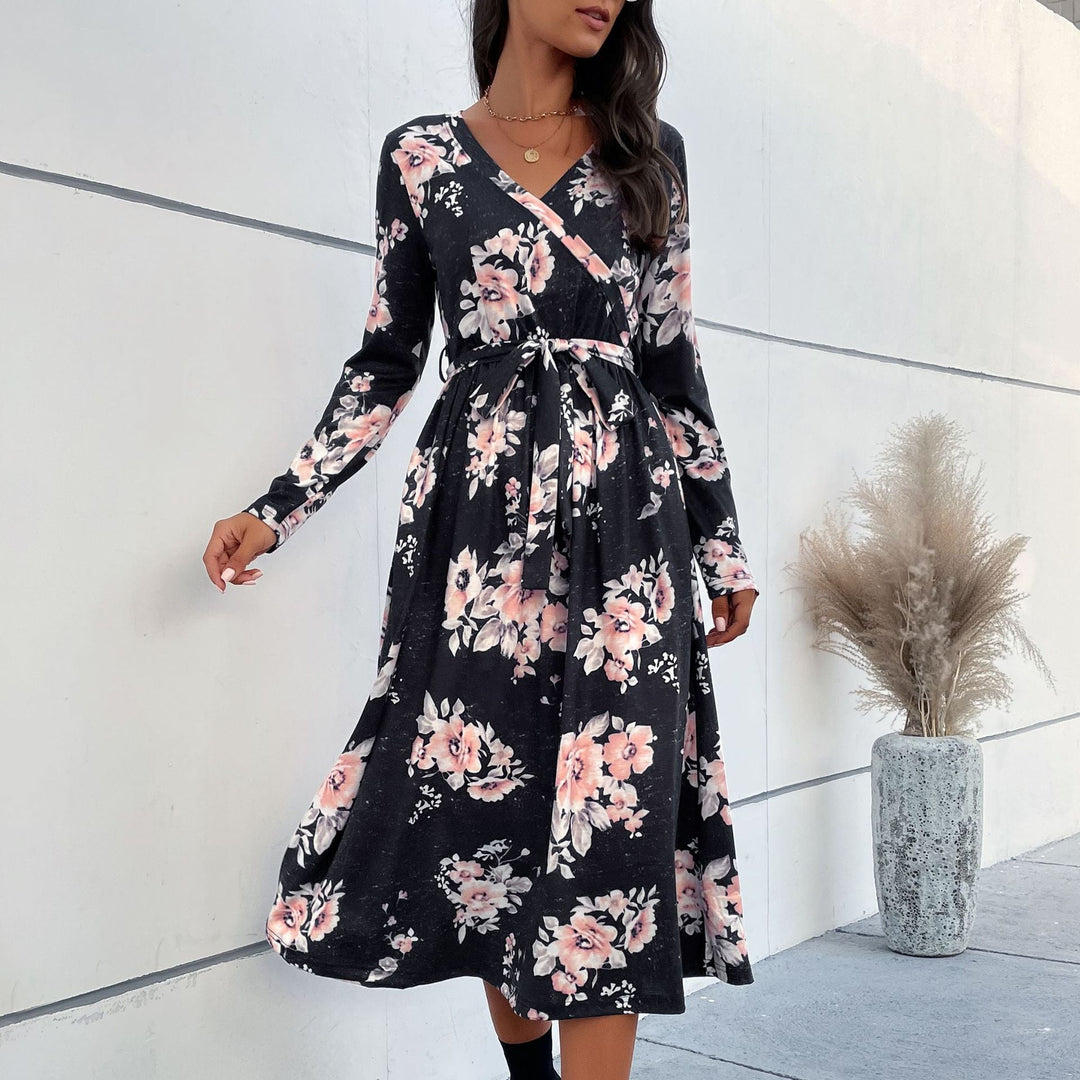 Damen Florales Wickel-Midikleid mit V-Ausschnitt, Taillengürtel und ausgestelltem Rock Shop Nory