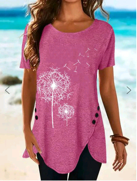 Damen Kurzarmshirt mit asymmetrischem Saum und Dandelion-Print