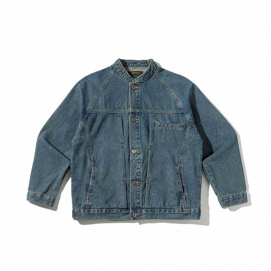 Unisex Boxige Denim‑Hemdjacke im Worker‑Look mit Stehkragen, Raglanärmeln und Brust‑Welttasche Shop Nory
