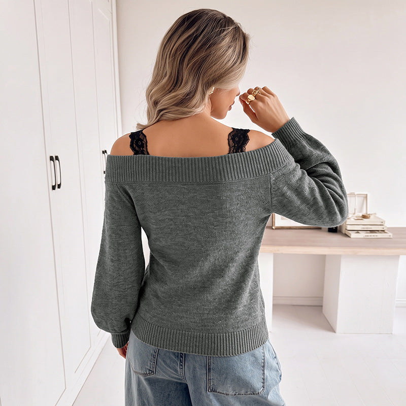 Damen Off-Shoulder Feinstrickpullover mit V-Rippkragen und Ballonärmeln Shop Nory