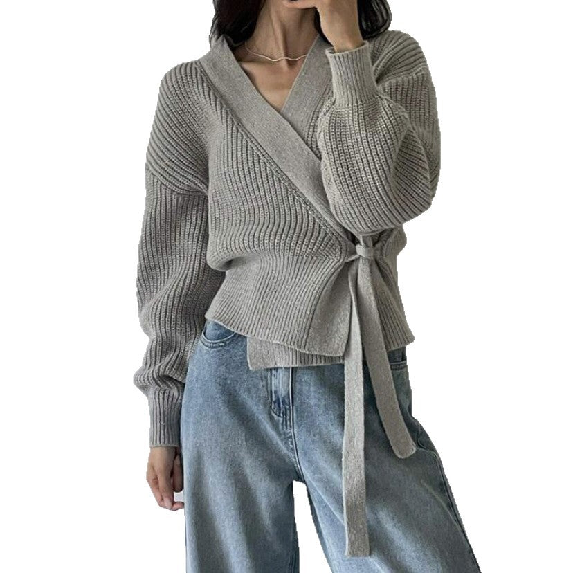 Damen Wickel-Strickjacke mit V-Ausschnitt, Taillenschleife und Ballonärmeln Shop Nory