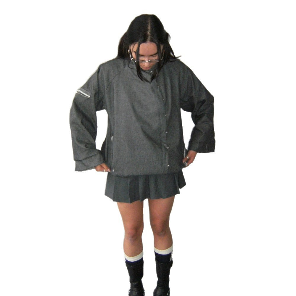 Damen Oversize-Boxy-Jacke mit asymmetrischem Druckknopfverschluss und Ärmeltasche Shop Nory