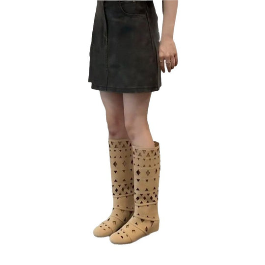 Damen Kniehohe Cut-Out Stiefel im Gladiator-Stil aus Velourslederoptik mit flacher Sohle Shop Nory