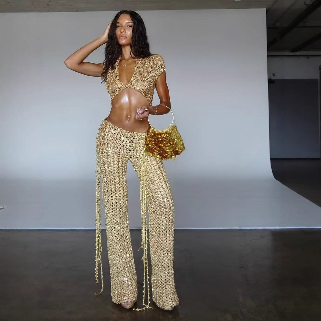 Damen Glitzerndes Festival-Outfit mit kurzem Rock und Bandeau-Oberteil