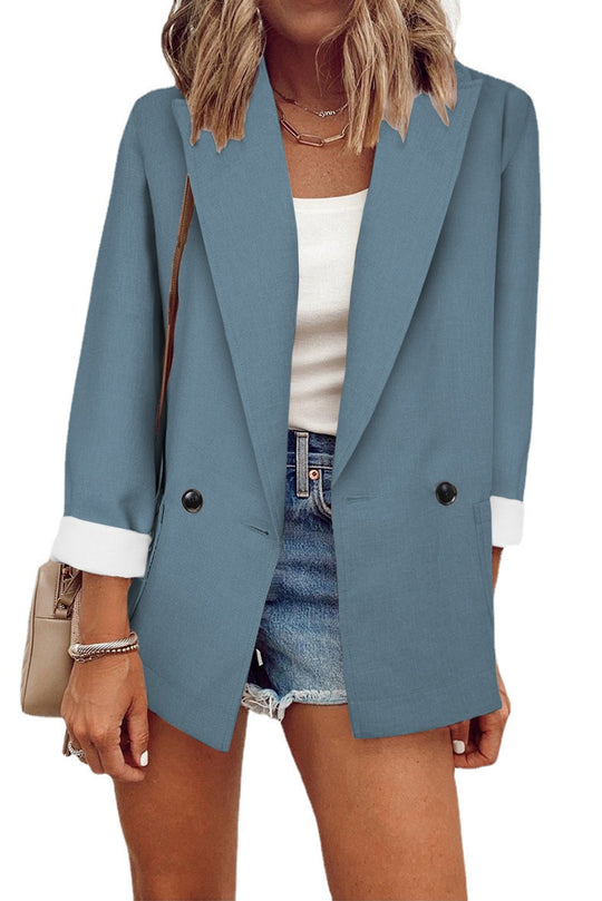Damen Oversize Longline-Blazer mit 3/4-Ärmeln, Kontrastumschlag und aufgesetzten Taschen Shop Nory