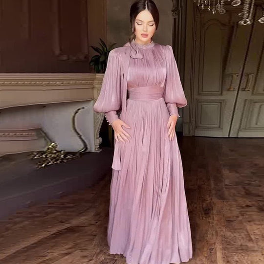 Damen Elegantes Chiffon-Maxikleid mit tailliertem Wickelbund, Stehkragen und langen Puffärmeln Shop Nory