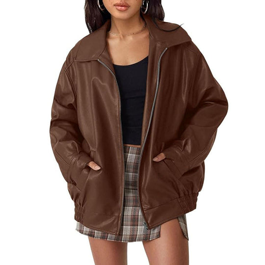 Damen Oversize Kunstleder Blouson mit Reißverschluss und elastischem Saum Shop Nory