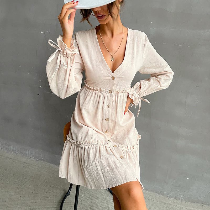 Damen Button-Midikleid mit V-Ausschnitt, Rüschen-Taille und Bindärmeln Shop Nory