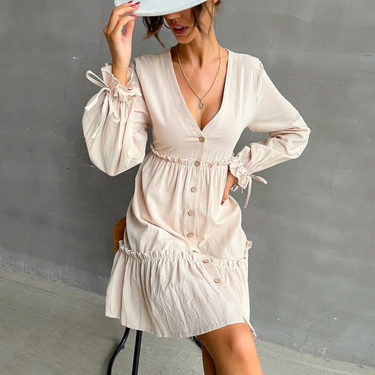 Damen Button-Midikleid mit V-Ausschnitt, Rüschen-Taille und Bindärmeln Shop Nory