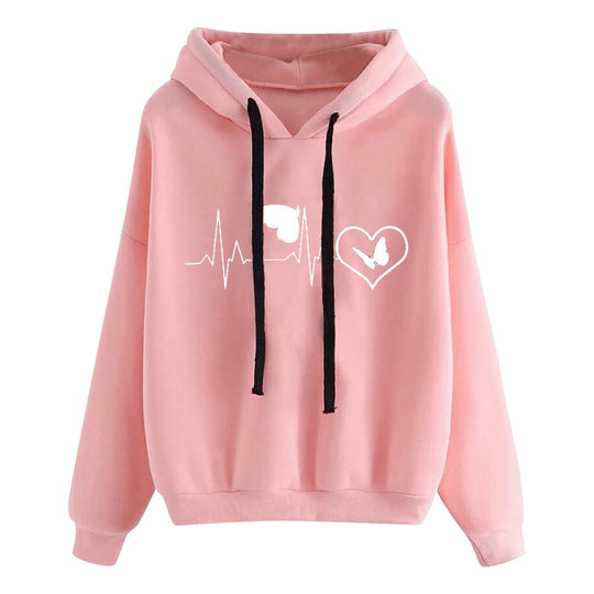 Damen nan leichter Oversize Kapuzenpullover mit Herz‑EKG‑Motiv, langen Kordeln und elastischem Bund Shop Nory