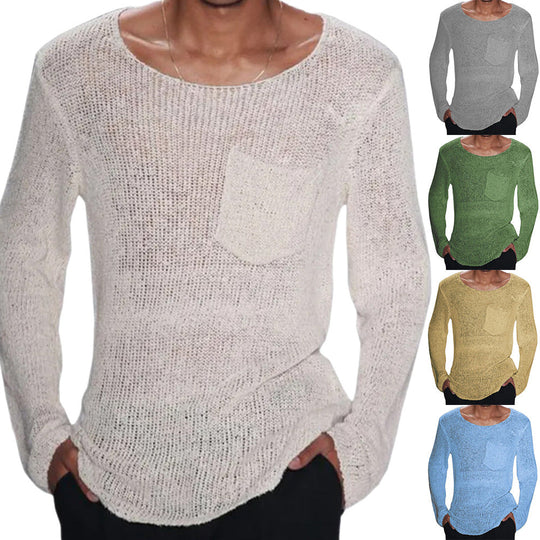 Herren lässiger Pullover mit offener Maschenstruktur und Brusttasche