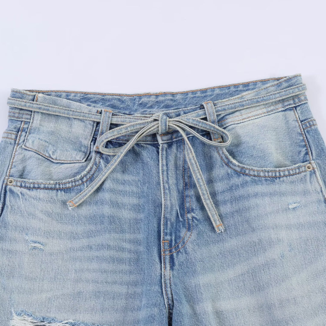 Damen Weite Jeans im Destroyed-Look mit verstellbarem Bund Shopnory