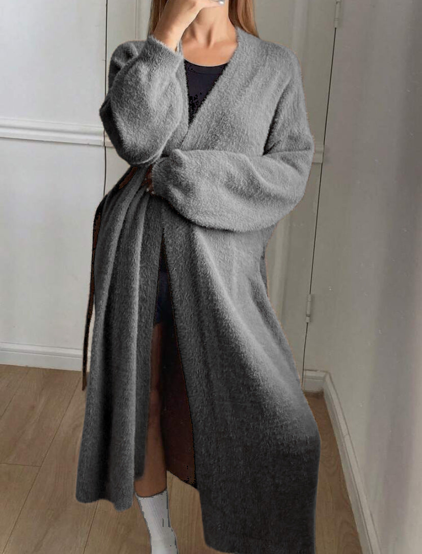 Damen Langer Wickel-Cardigan in Flausch-Optik mit Bindegürtel Shop Nory