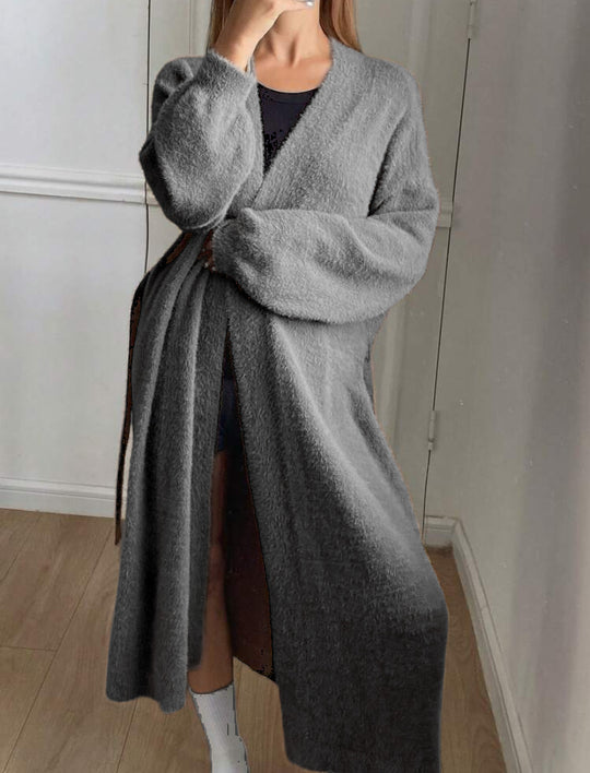 Damen Langer Wickel-Cardigan in Flausch-Optik mit Bindegürtel Shop Nory