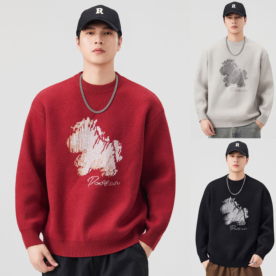 Herren Modischer Grobstrickpullover mit kreativer Tiermotiv-Applikation Shop Nory