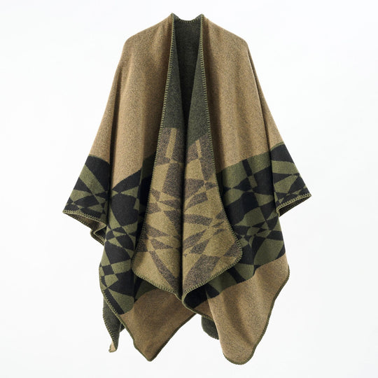 Damen Großer Strickponcho im Cape‑Schnitt mit Ziernaht und geometrischem Intarsia Shop Nory