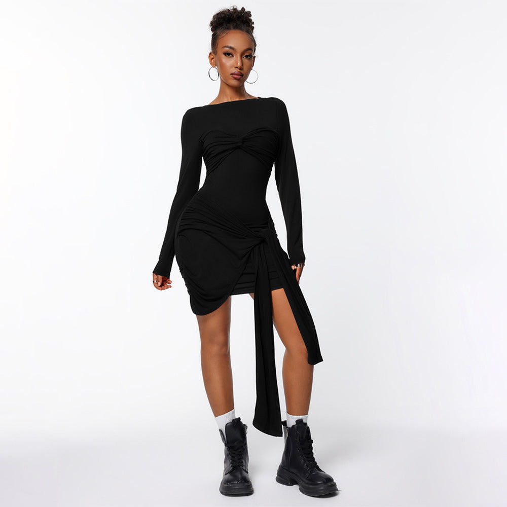 Damen figurbetontes Minikleid mit asymmetrischer Knotendrapierung, taillierter Raffung und langem Ärmelschal Shop Nory