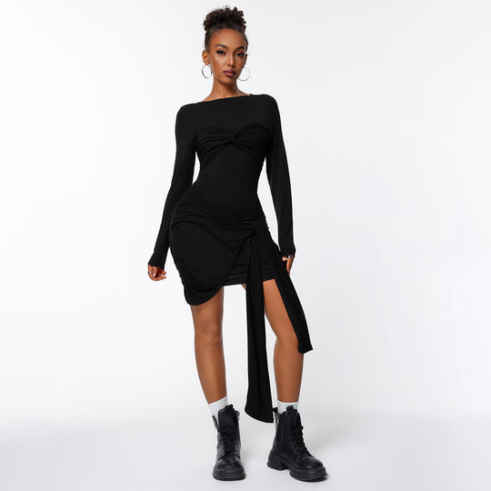 Damen figurbetontes Minikleid mit asymmetrischer Knotendrapierung, taillierter Raffung und langem Ärmelschal Shop Nory