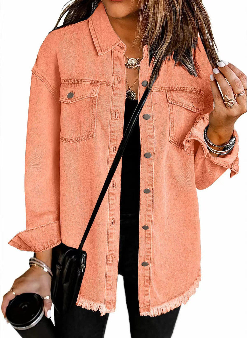 Damen Denim Overshirt mit fransigem Saum und Brusttaschen ShopNory
