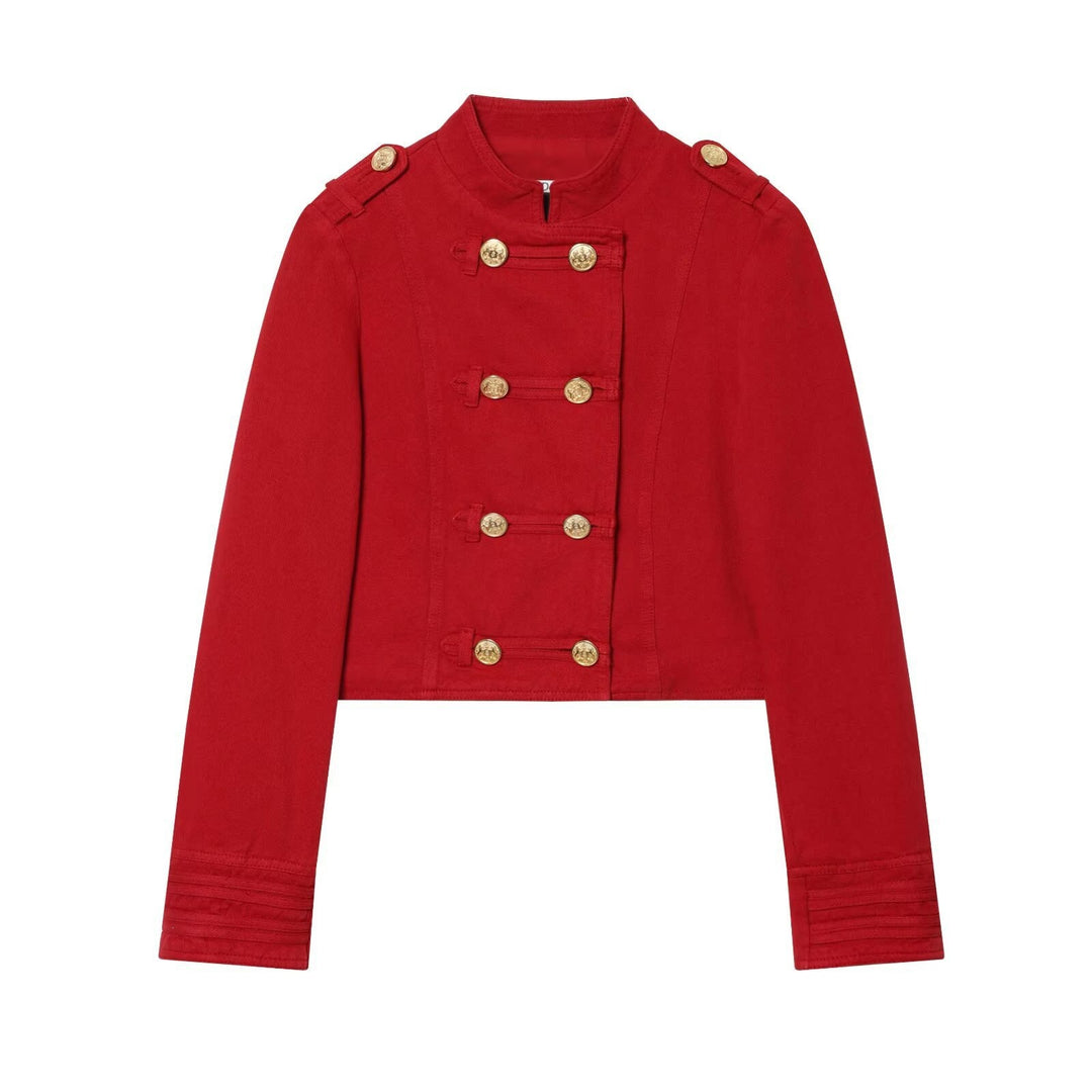 Damen kurz geschnittene militärisch inspirierte Jacke mit dekorativen Zierknöpfen Shop Nory