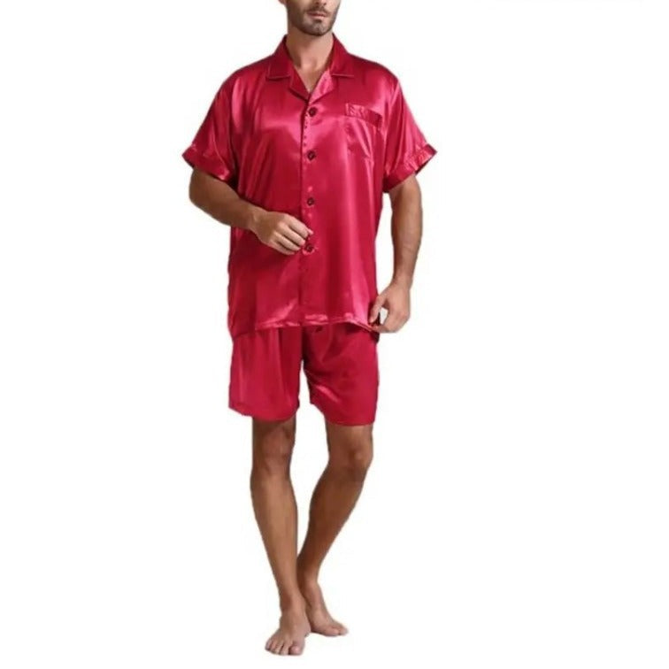 Damen Satin-Pyjama-Set mit kurzer Hose und elegantem Kragen Shopnory