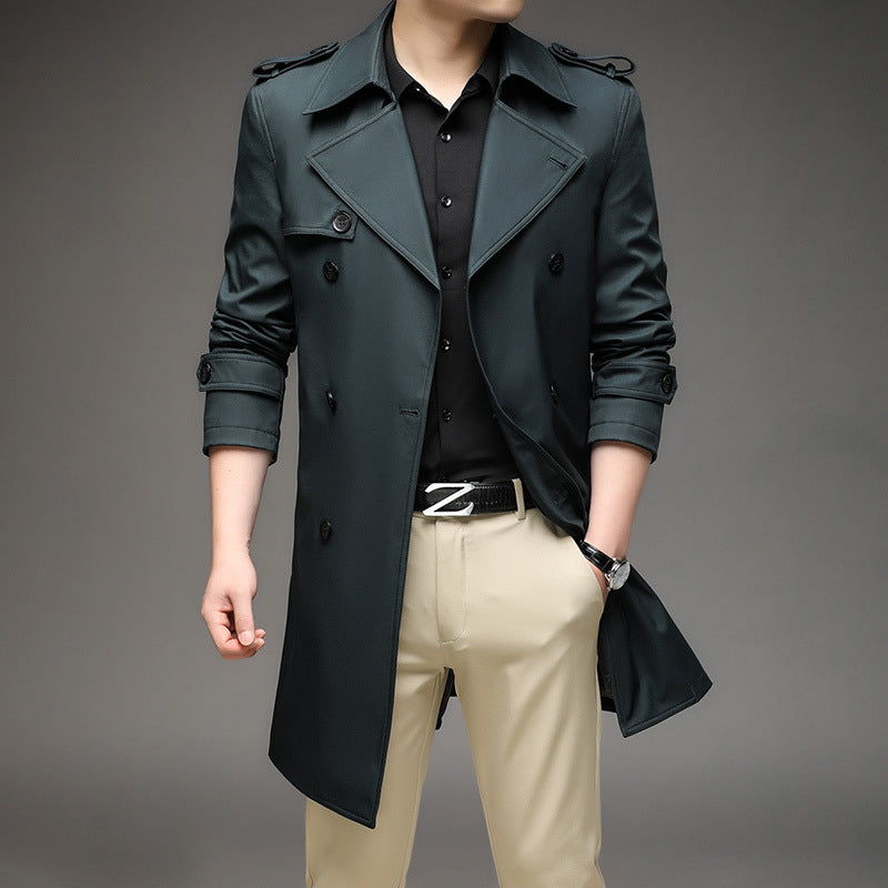 Herren Langer Slim-Fit Doppelreihiger Trenchcoat mit Epauletten und Taillengürtel Shop Nory
