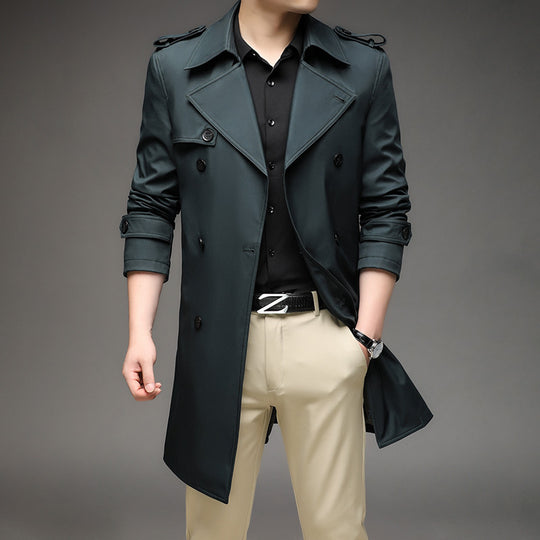 Herren Langer Slim-Fit Doppelreihiger Trenchcoat mit Epauletten und Taillengürtel Shop Nory