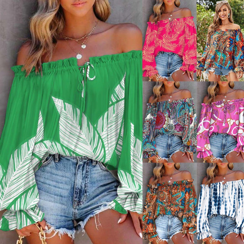 Damen Off-Shoulder Bluse mit Buntem Muster und Elastischem Saum Shopnory
