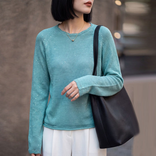 Damen leichter Feinstrickpullover mit dezenter Glitzeroptik und Raglanärmeln Shop Nory