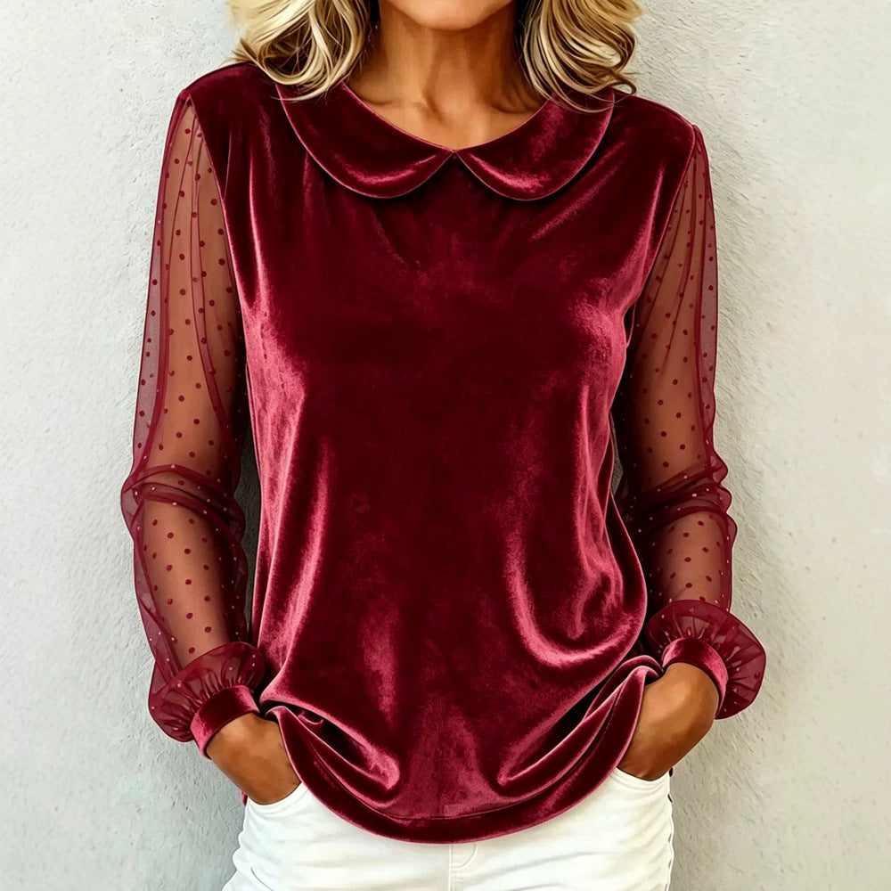 Damen Kuschelige Samtbluse mit Peter-Pan-Kragen und gepunkteten Mesh-Ärmeln Shop Nory