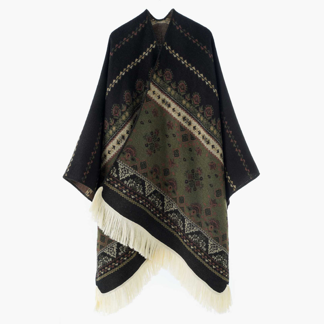 Damen Jacquard‑Ruana mit Fransen und folklorem Muster Shop Nory