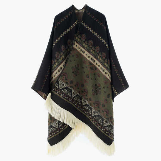 Damen Jacquard‑Ruana mit Fransen und folklorem Muster Shop Nory