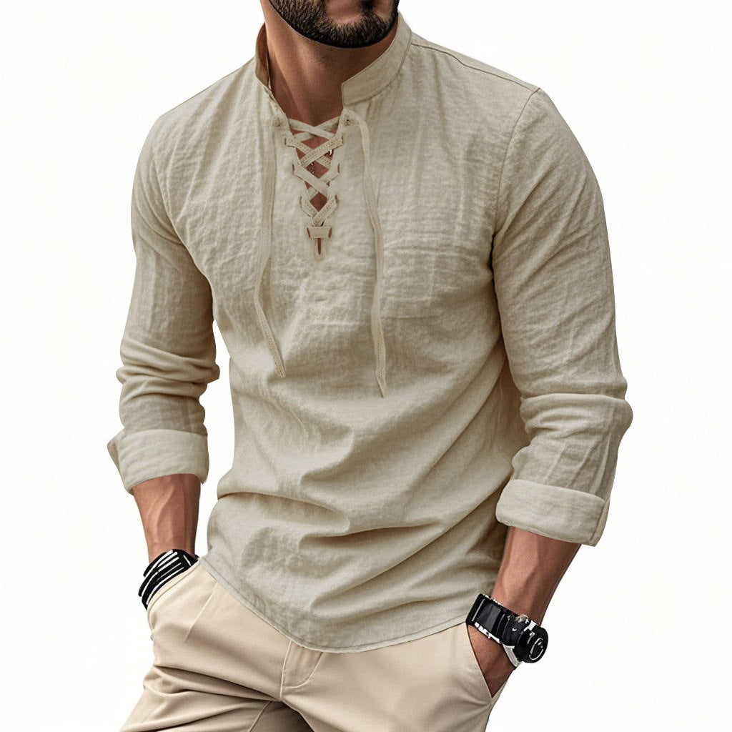 Herren nan Leinenoptik Langarmshirt mit Schnürung V-Ausschnitt und Stehkragen Shop Nory