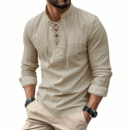 Herren nan Leinenoptik Langarmshirt mit Schnürung V-Ausschnitt und Stehkragen Shop Nory