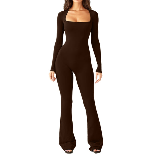 Damen figurbetontes Jumpsuit mit quadratischem Ausschnitt, langen Ärmeln und ausgestellt Bein Shop Nory