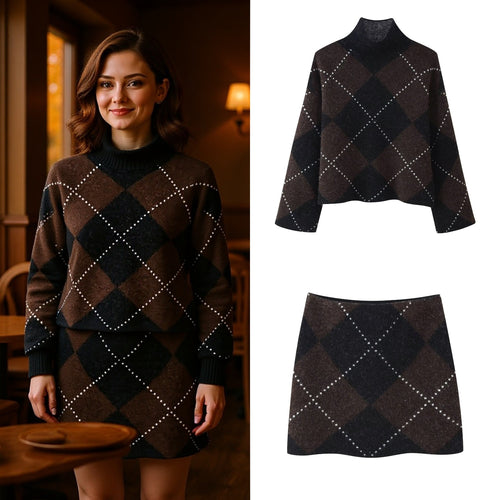 Damen Strick‑Set aus Rollkragen‑Poncho und Minirock mit Argyle‑Muster Shop Nory