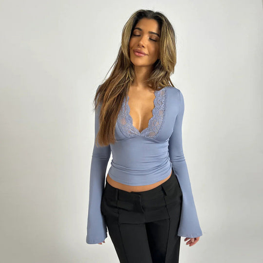 Damen Tief ausgeschnittenes Spitzentop mit langem Glockenärmel Shop Nory