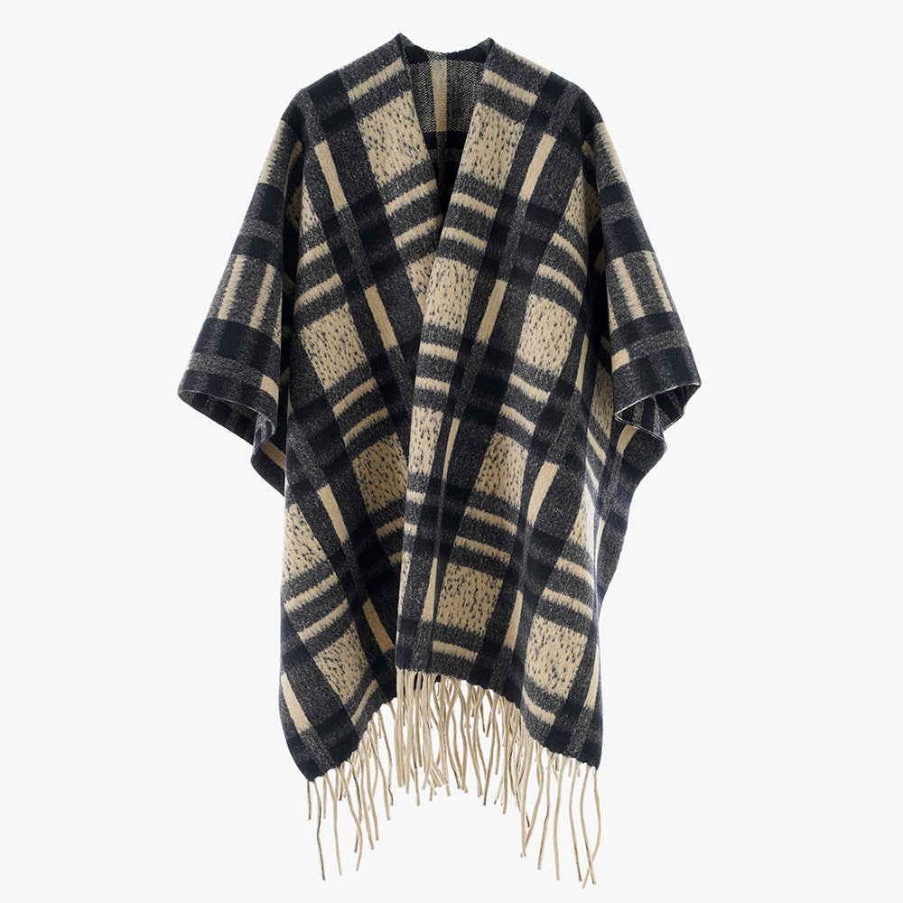 Damen Kariertes Wollmix-Poncho‑Cape mit Fransensaum und offenem Oversize‑Fall Shop Nory