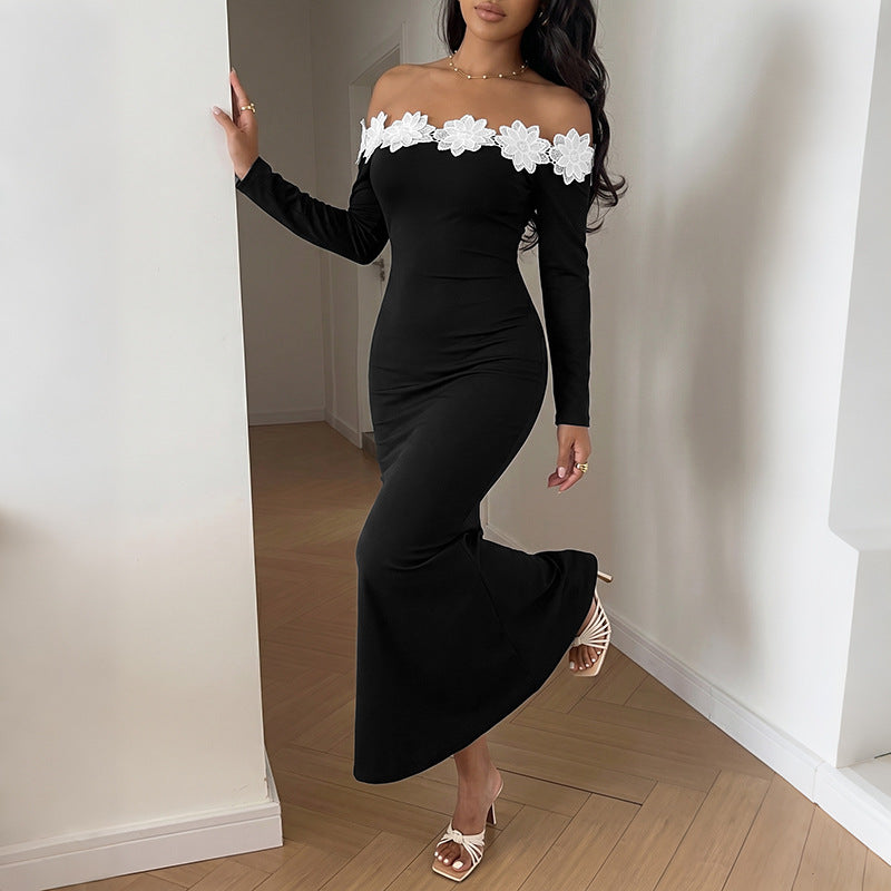 Damen Schulterfreies Maxikleid mit Carmen‑Ausschnitt, figurbetonter Silhouette und Spitzenblütenbesatz Shop Nory