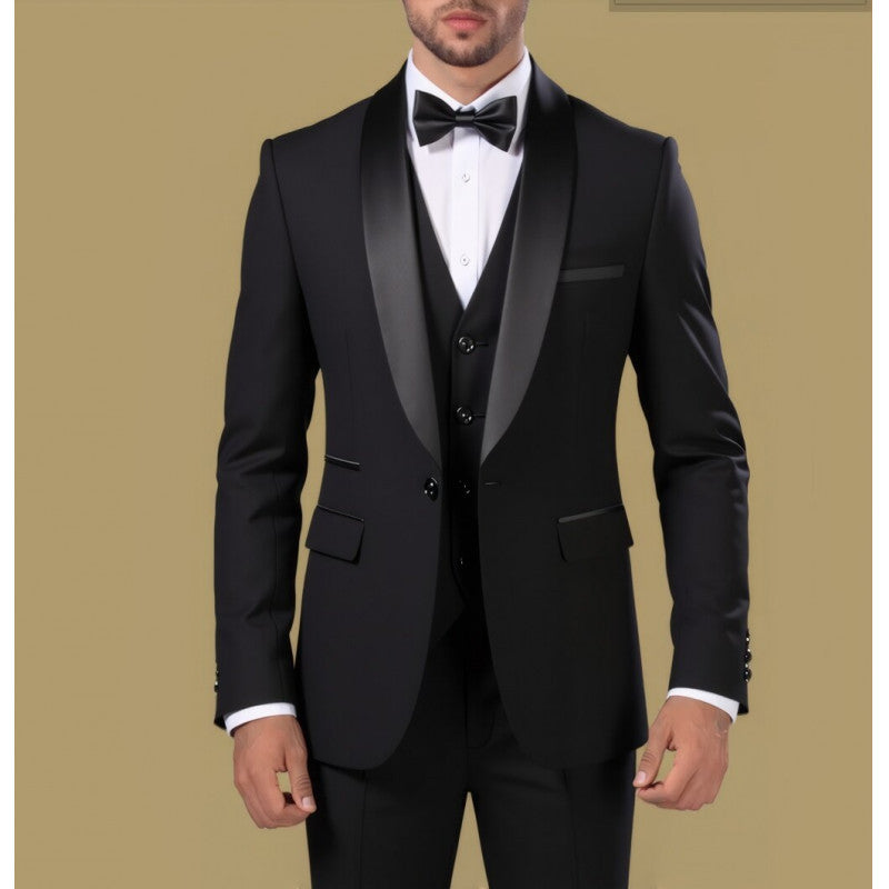 Herren Taillierter Dreiteiliger Smokinganzug mit Schalkragen und Satinrevers Shop Nory