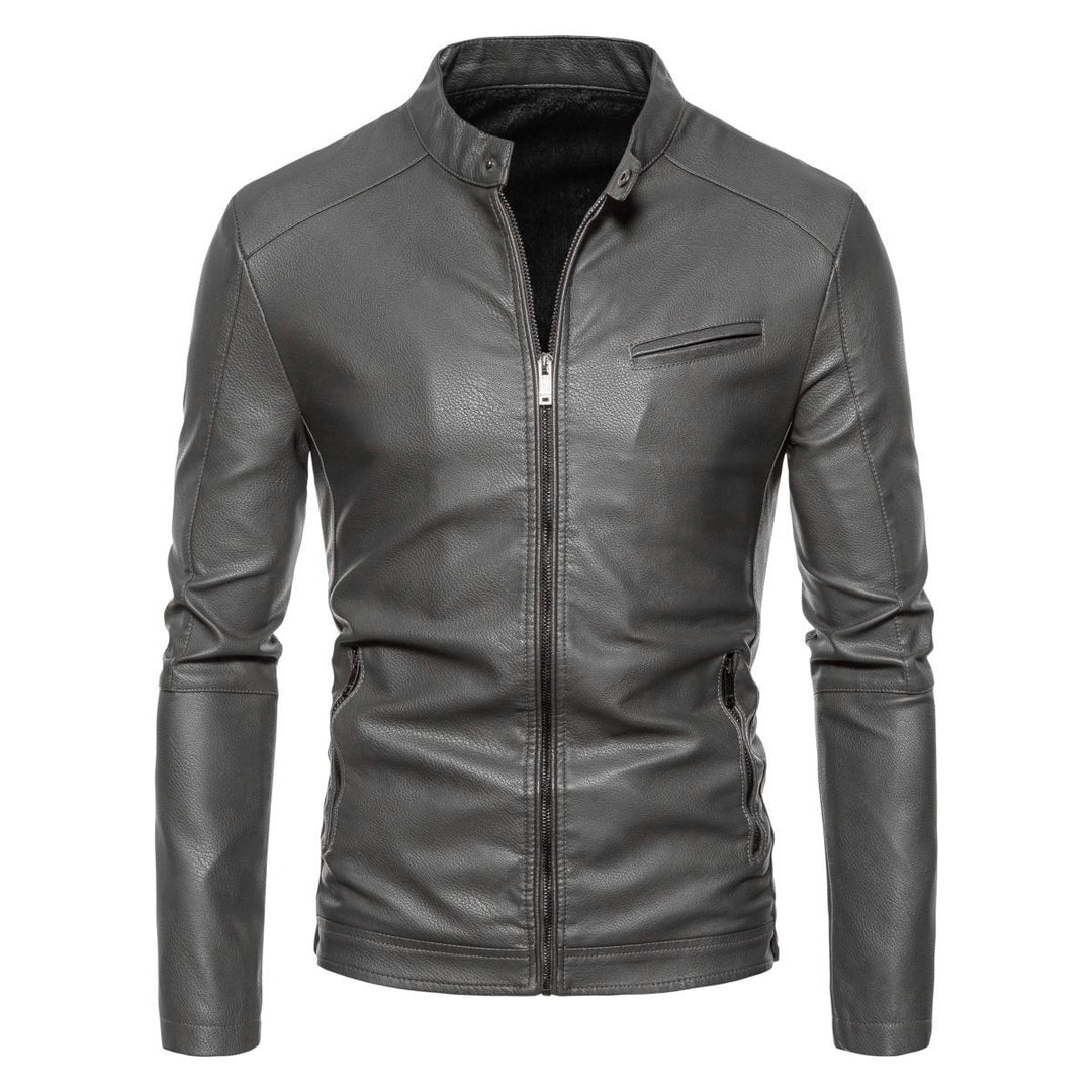 Herren Schmale Kunstleder-Bikerjacke mit Stehkragen, Innenfutter aus Kunstfell und Reißverschlusstaschen Shop Nory