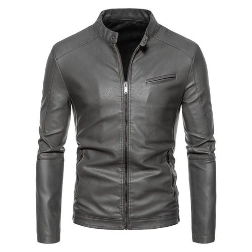 Herren Schmale Kunstleder-Bikerjacke mit Stehkragen, Innenfutter aus Kunstfell und Reißverschlusstaschen Shop Nory