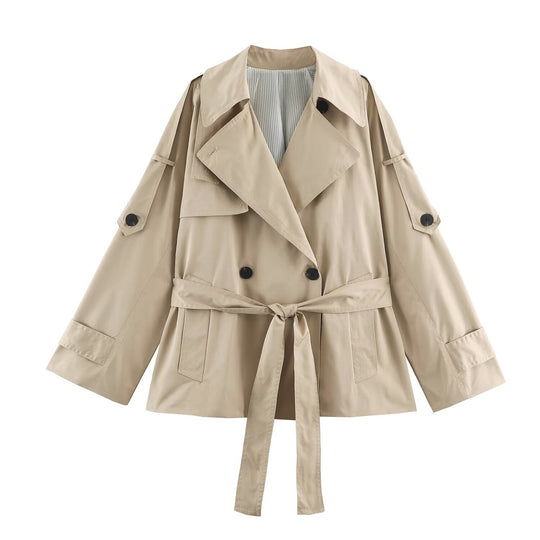 Damen Kurzer leichter Trench-Mantel mit Bindegürtel, überschnittenen Schultern und doppelter Knopfleiste Shop Nory
