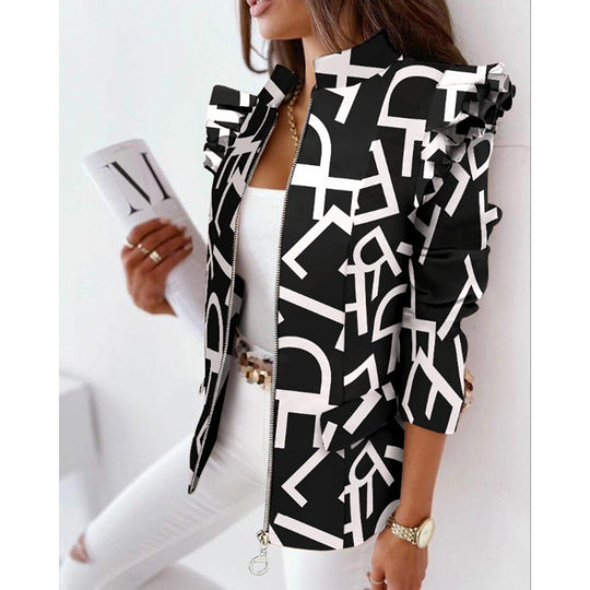 Damen Leoprint-Statement-Jacke mit Rüschen-Schulter und Reißverschluss Shop Nory