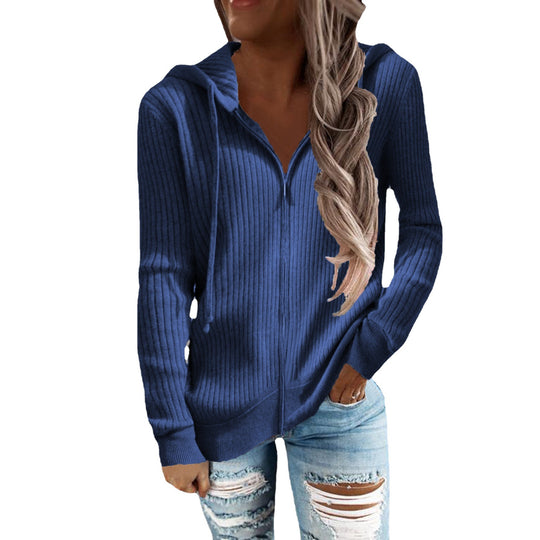 Damen Gerippter Kapuzenpullover mit Reißverschluss und Eingrifftaschen Shop Nory